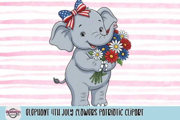Celebrate with Adorable Elephant 4th July Flowers Patriotic Clipart