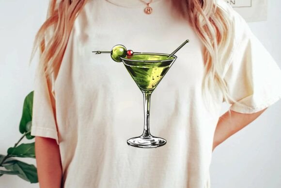 Classic Dirty Martini Cocktail Illustration with Olive and Cherry Graphic Png