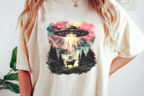 Retro UFO Cow Abduction Forest Sunset Graphic Art PNG