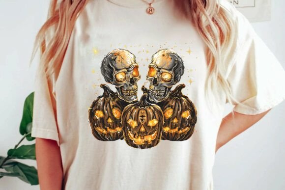 Spooky Halloween Skulls and Glowing Jack O Lanterns Sublimation Graphic Png